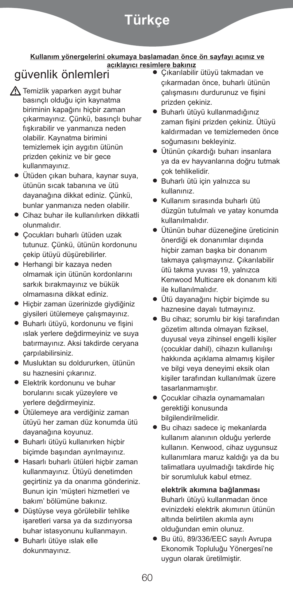 Türkçe, Güvenlik önlemleri | Kenwood IC800 User Manual | Page 63 / 105