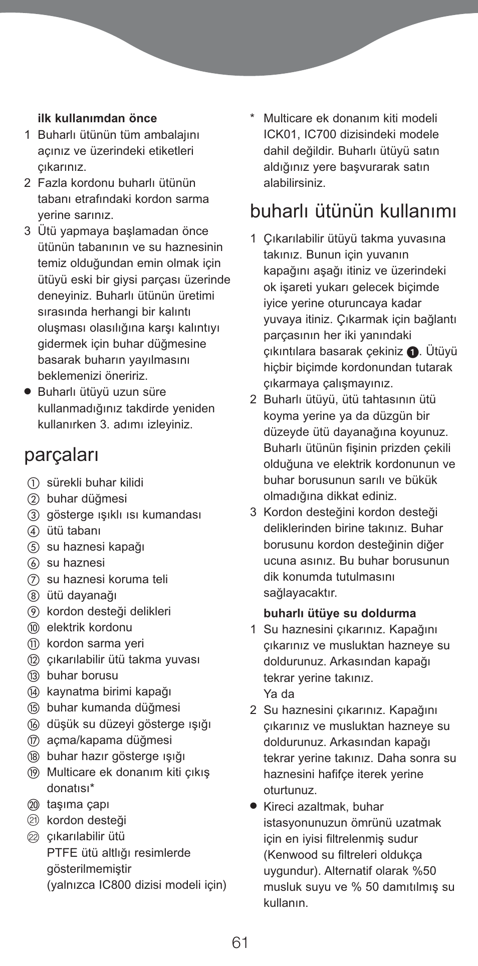Parçaları, Buharlı ütünün kullanımı | Kenwood IC800 User Manual | Page 64 / 105