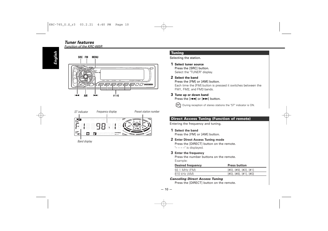 Tuner features(krc-665r), Tuner features | Kenwood KRC-765 User Manual | Page 10 / 42