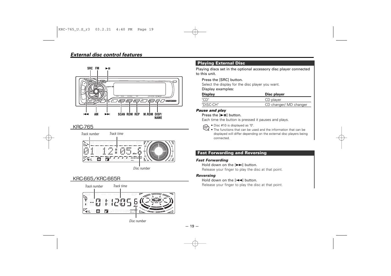 External disc control features | Kenwood KRC-765 User Manual | Page 19 / 42