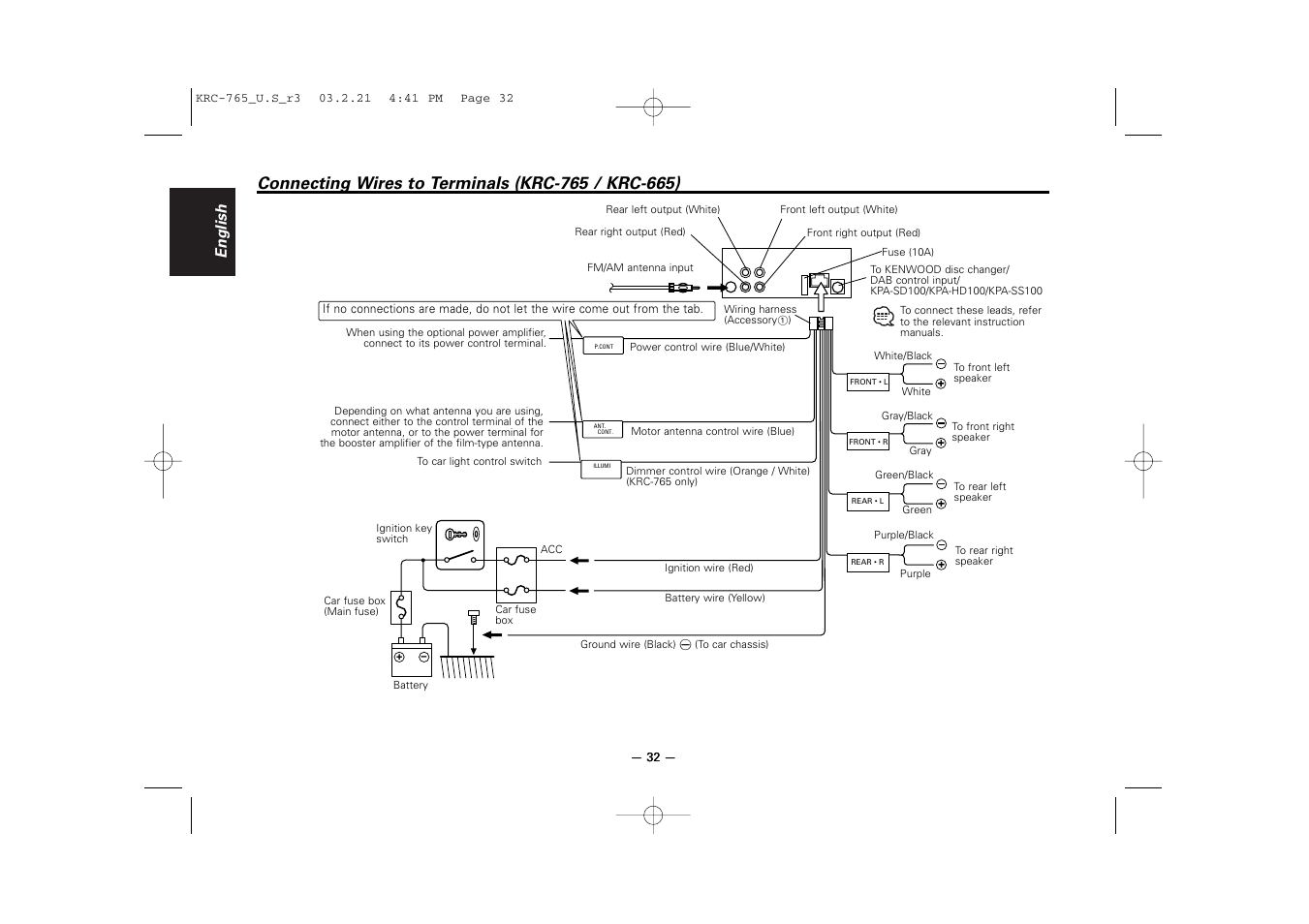 Connecting wires to terminals (krc-765 / krc-665), English | Kenwood KRC-765 User Manual | Page 32 / 42