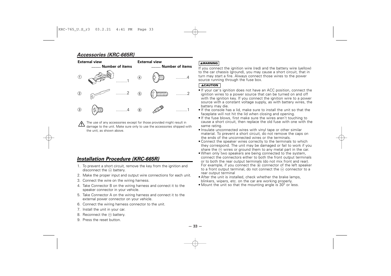 Accessories (krc-665r), Installation procedure (krc-665r) | Kenwood KRC-765 User Manual | Page 33 / 42