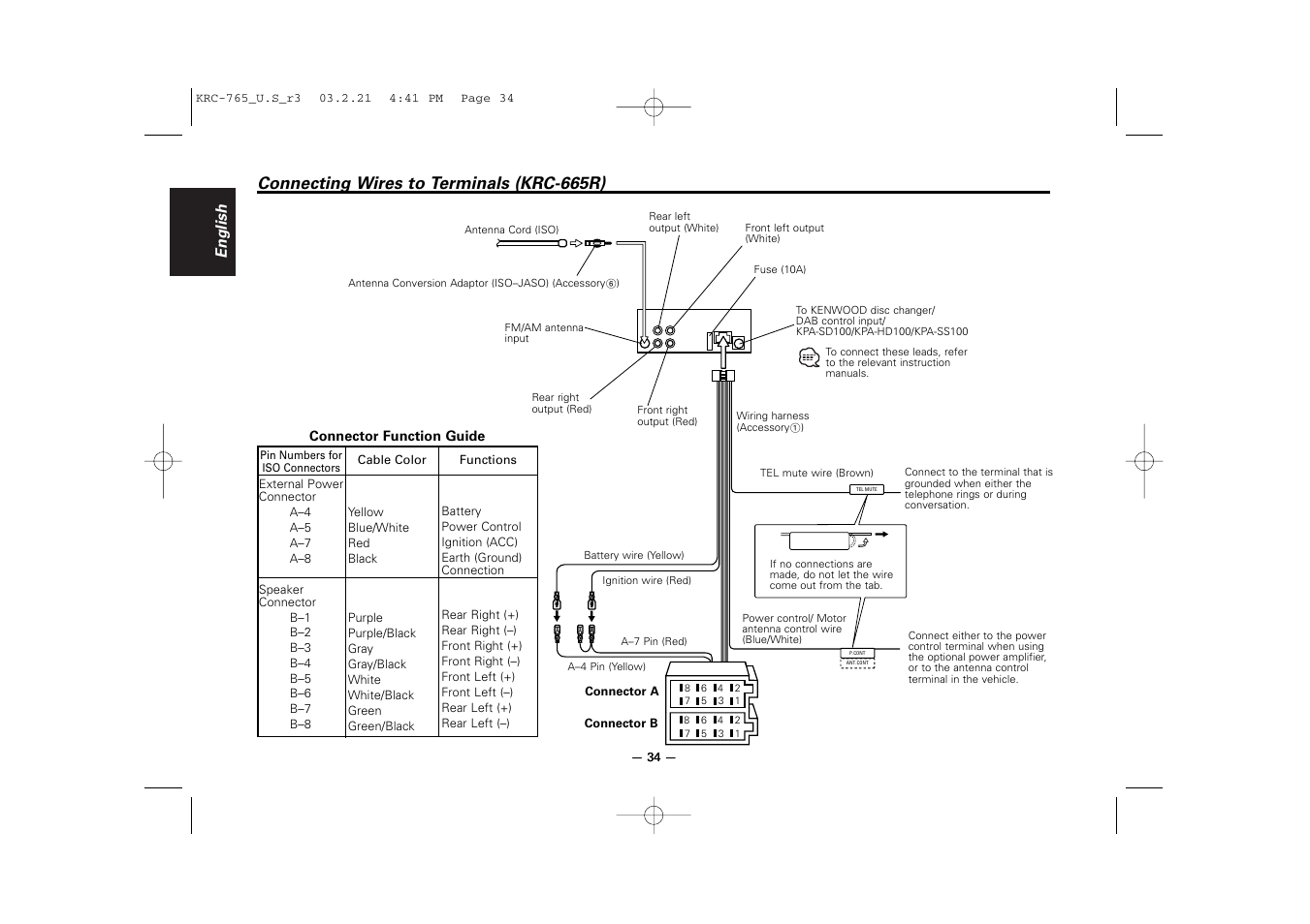Connecting wires to terminals (krc-665r), English | Kenwood KRC-765 User Manual | Page 34 / 42