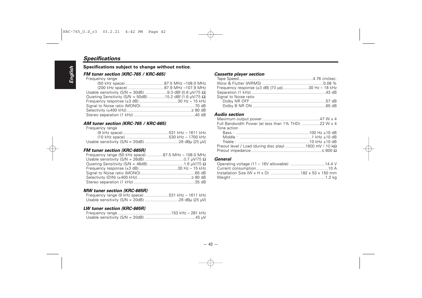 Specifications | Kenwood KRC-765 User Manual | Page 42 / 42