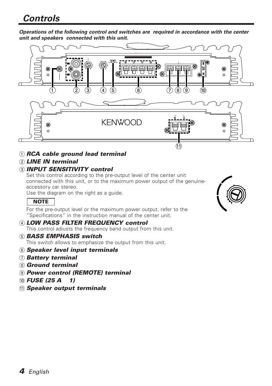 Controls, English, 4low pass filter frequency control | 5bass emphasis switch | Kenwood KAC-718 User Manual | Page 4 / 8