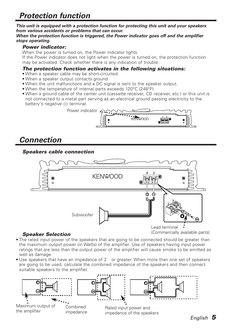 Protection function, Connection, Speakers cable connection | Speaker selection | Kenwood KAC-718 User Manual | Page 5 / 8