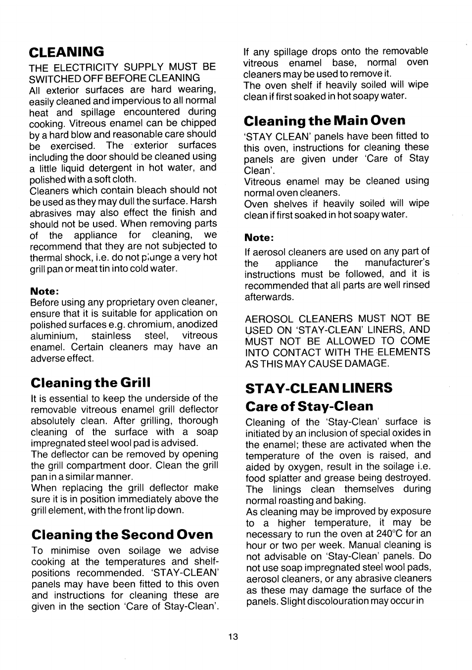 Cleaning, Cleaning the grill, Cleaning the second oven | Cleaning the main oven, Stay-clean liners care of stay-clean | Kenwood SC102/2WH User Manual | Page 15 / 20