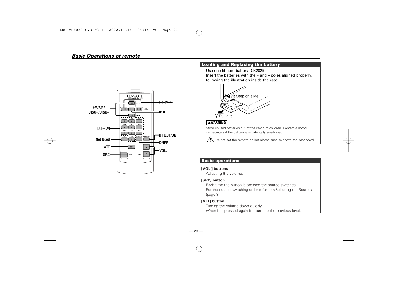 Basic operations of remote | Kenwood KDC-MP4023 User Manual | Page 23 / 32