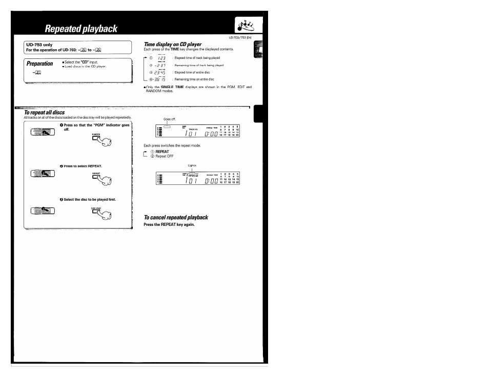 To repeat ail discs, To cancei repeated piayback, Repeated playback | L f 7 d - d d i | Kenwood COMPACT DISC DIGITAL AUDIO UD-703 User Manual | Page 31 / 80