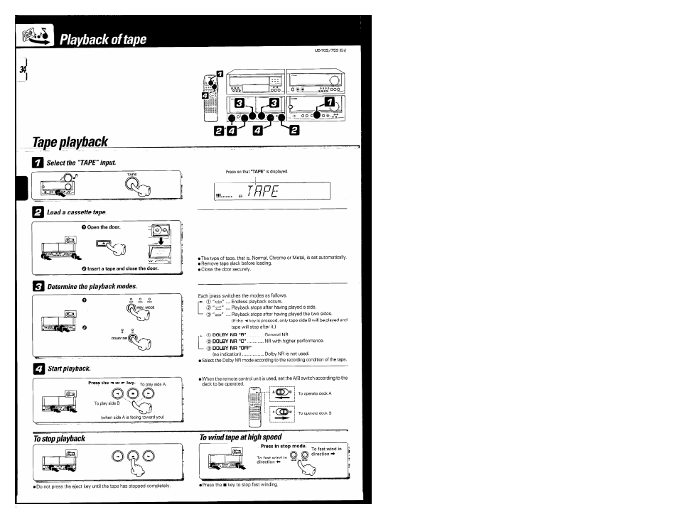 To stop playback, To wind tape at high speed, Jrpe | Playback of tape tape playback | Kenwood COMPACT DISC DIGITAL AUDIO UD-703 User Manual | Page 34 / 80