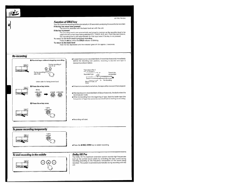 Function ofcrls key, Re-recording, To pause recording temporarily | Dolbyhxpm, Tz=b | Kenwood COMPACT DISC DIGITAL AUDIO UD-703 User Manual | Page 42 / 80