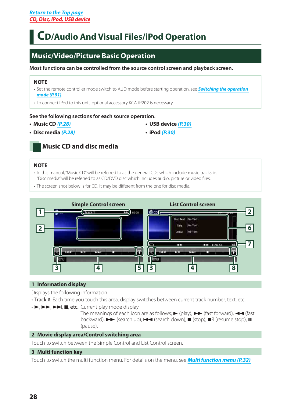 D/audio and visual files/ipod operation, Music/video/picture basic operation | Kenwood DNX6980 User Manual | Page 29 / 111