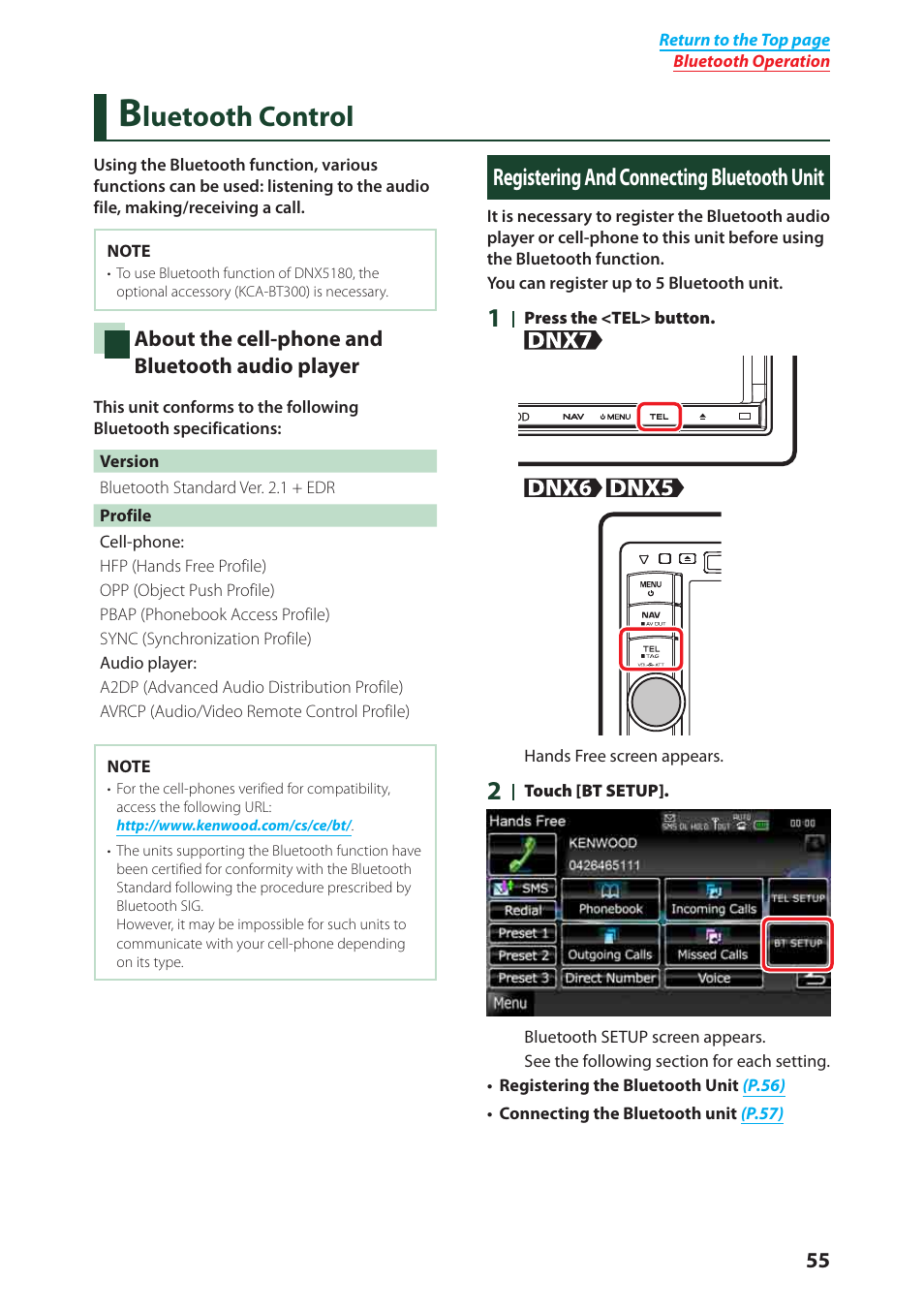 P.55), Luetooth control, Registering and connecting bluetooth unit | Kenwood DNX6980 User Manual | Page 56 / 111