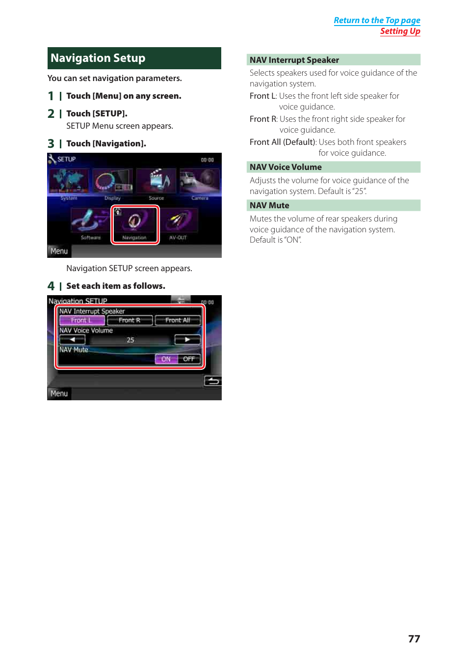 Navigation setup | Kenwood DNX6980 User Manual | Page 78 / 111