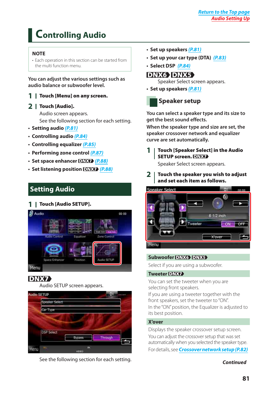 Ontrolling audio, Setting audio | Kenwood DNX6980 User Manual | Page 82 / 111