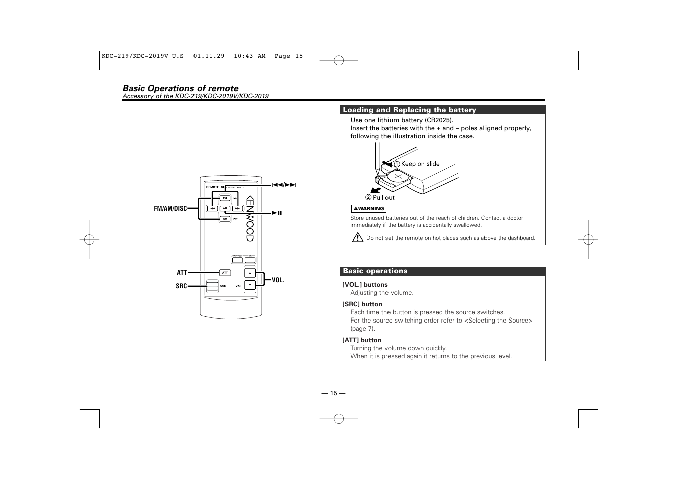 Basic operations of remote | Kenwood KDC-2019V User Manual | Page 15 / 25