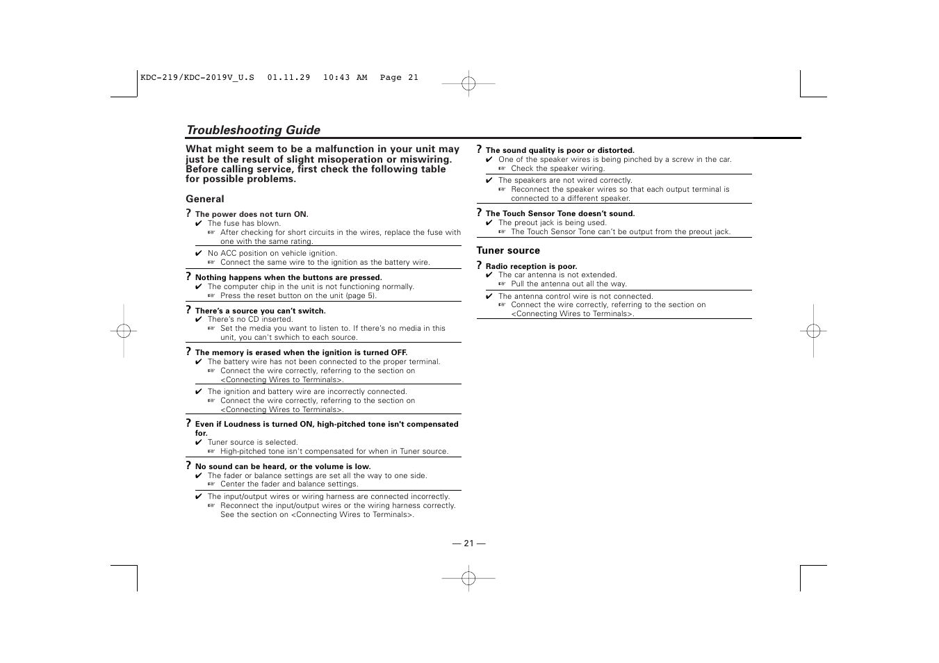 Troubleshooting guide | Kenwood KDC-2019V User Manual | Page 21 / 25