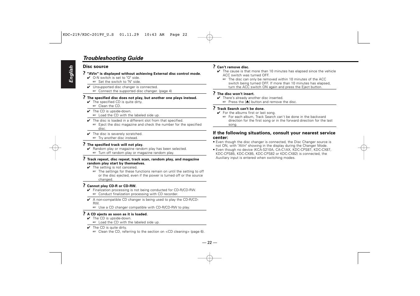 Troubleshooting guide | Kenwood KDC-2019V User Manual | Page 22 / 25