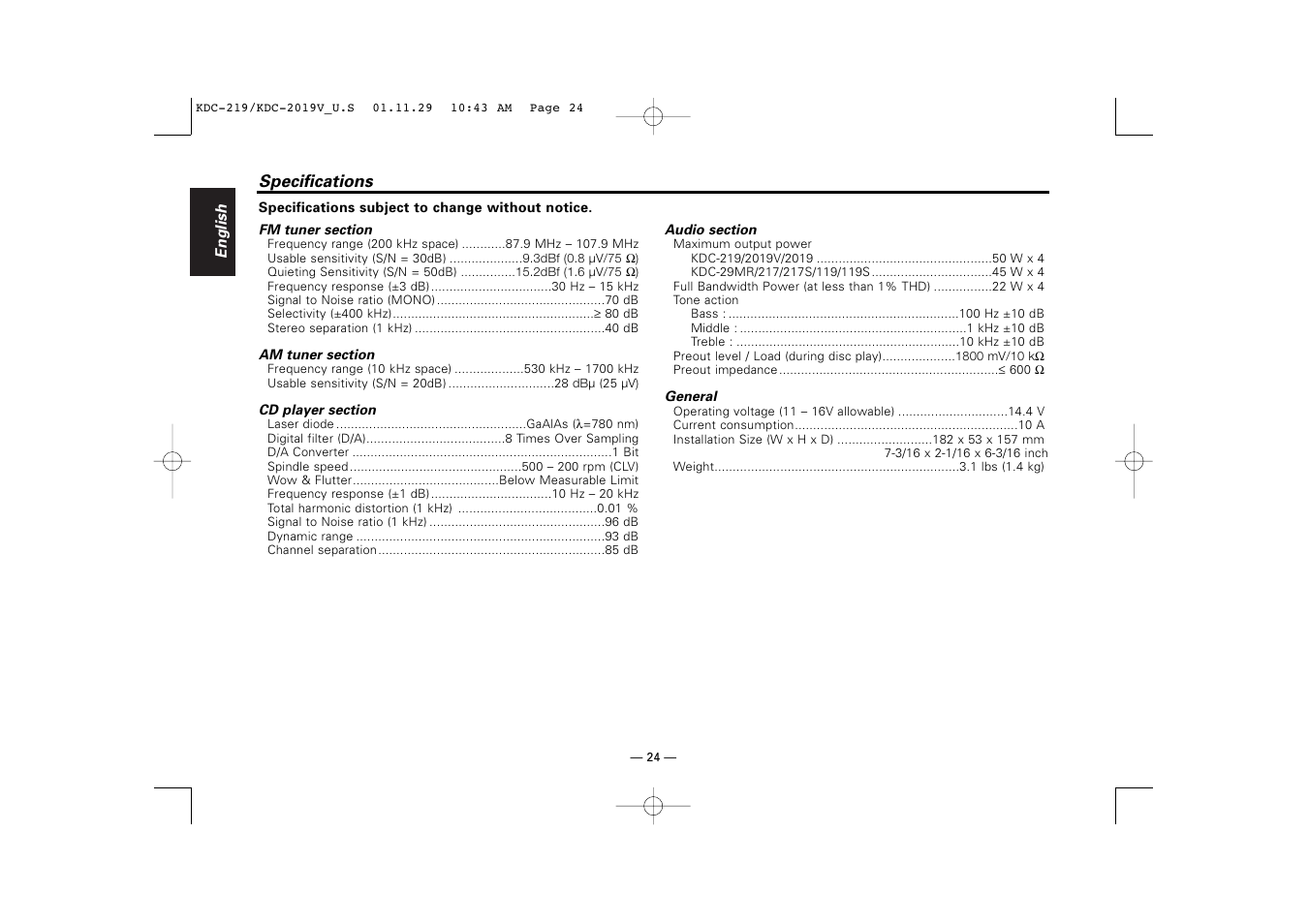 Specifications | Kenwood KDC-2019V User Manual | Page 24 / 25