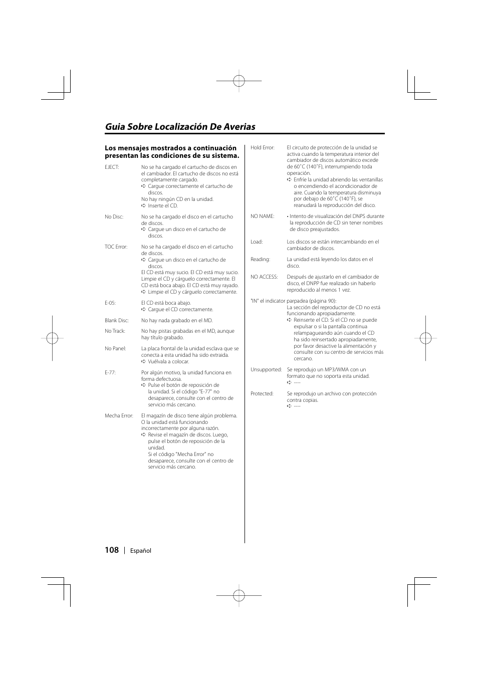 Guia sobre localización de averias | Kenwood EZ500 User Manual | Page 108 / 112
