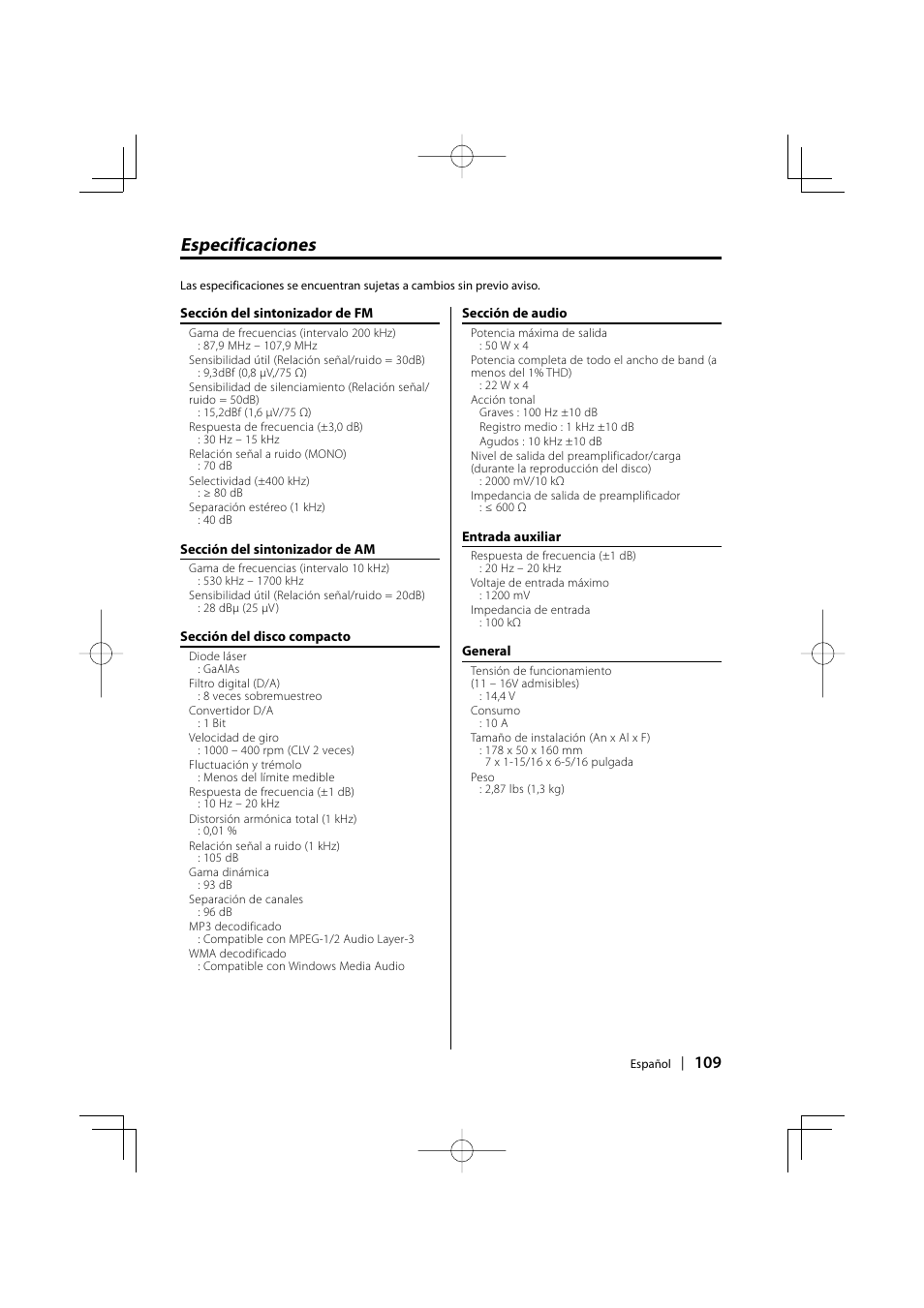 Especificaciones | Kenwood EZ500 User Manual | Page 109 / 112