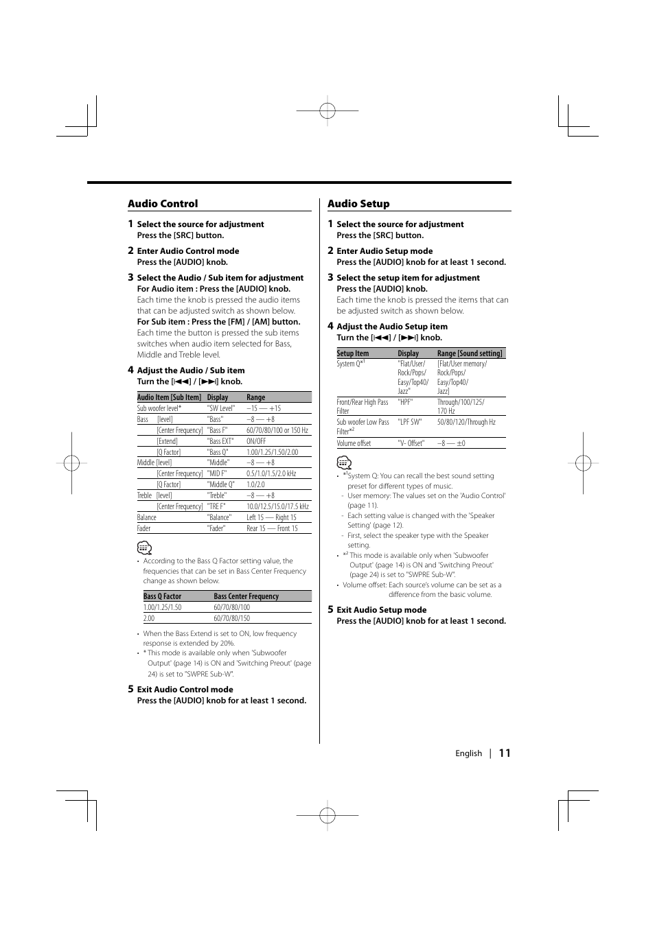 Audio control 1, Audio setup 1 | Kenwood EZ500 User Manual | Page 11 / 112