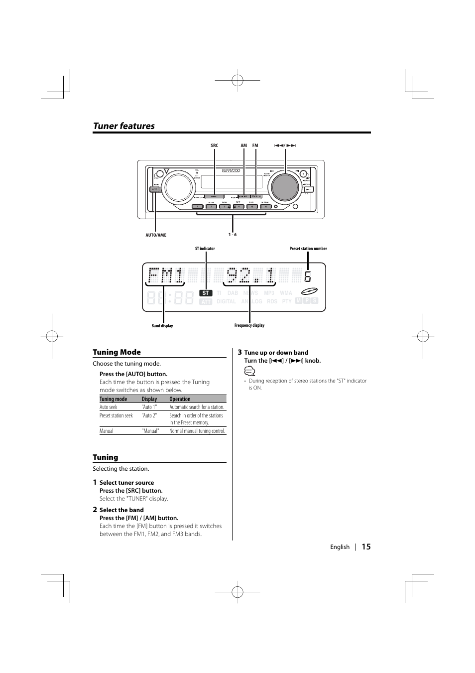 Tuner features, Tuning mode, Tuning | Kenwood EZ500 User Manual | Page 15 / 112