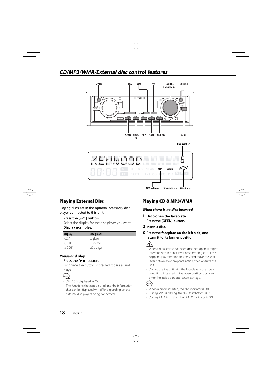 Cd/mp3/wma/external disc control features, Playing external disc, Playing cd & mp3/wma | Kenwood EZ500 User Manual | Page 18 / 112