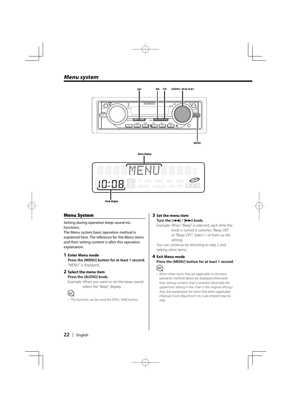 Menu system | Kenwood EZ500 User Manual | Page 22 / 112