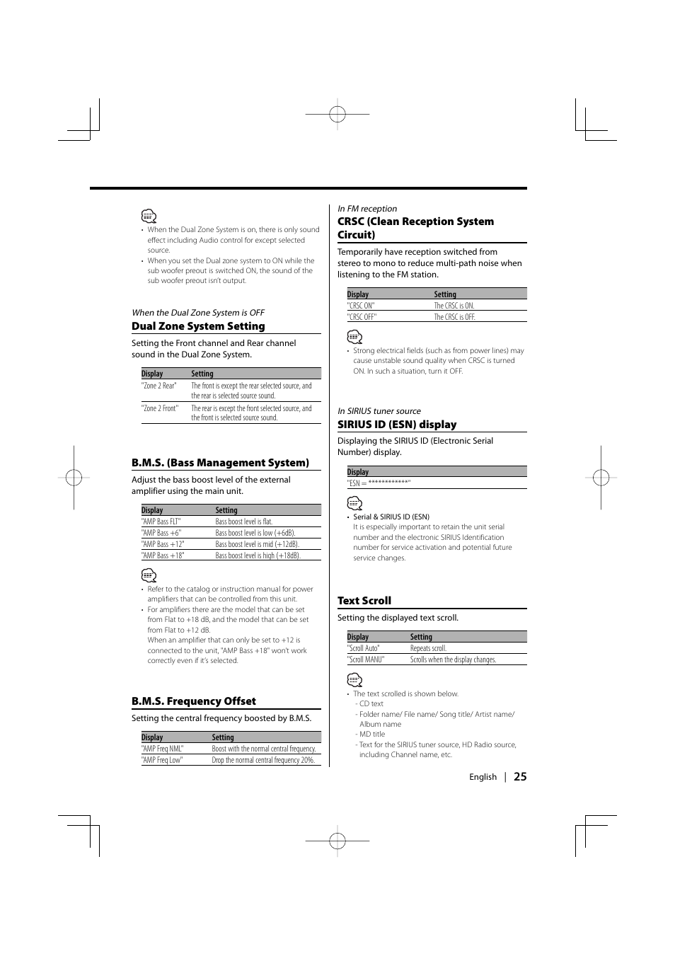 Dual zone system setting, B.m.s. (bass management system), B.m.s. frequency offset | Crsc (clean reception system circuit), Text scroll, Sirius id (esn) display | Kenwood EZ500 User Manual | Page 25 / 112
