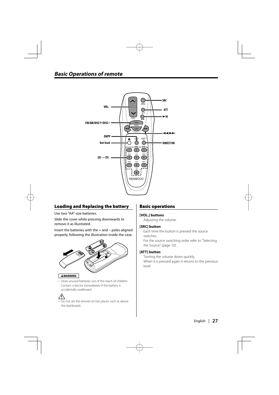 Basic operations of remote, Loading and replacing the battery, Basic operations | Kenwood EZ500 User Manual | Page 27 / 112
