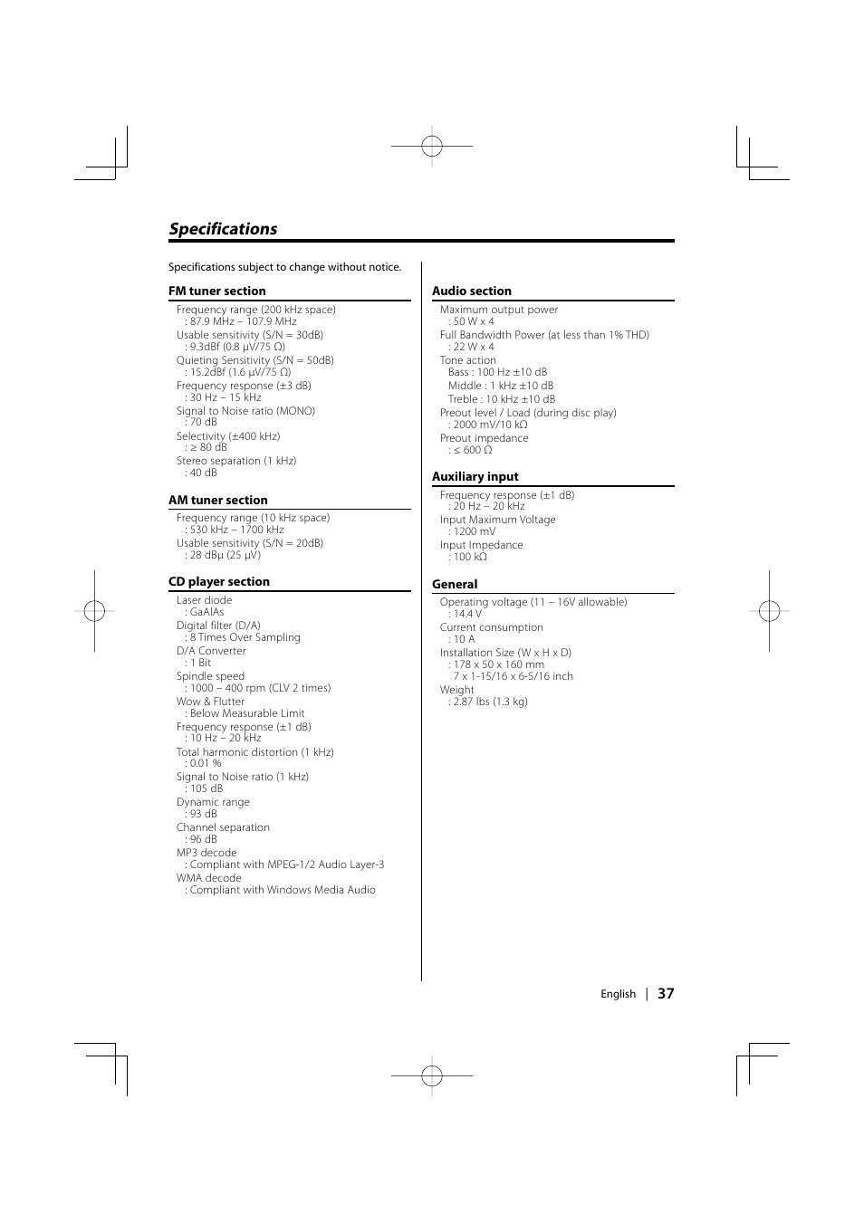 Specifications | Kenwood EZ500 User Manual | Page 37 / 112