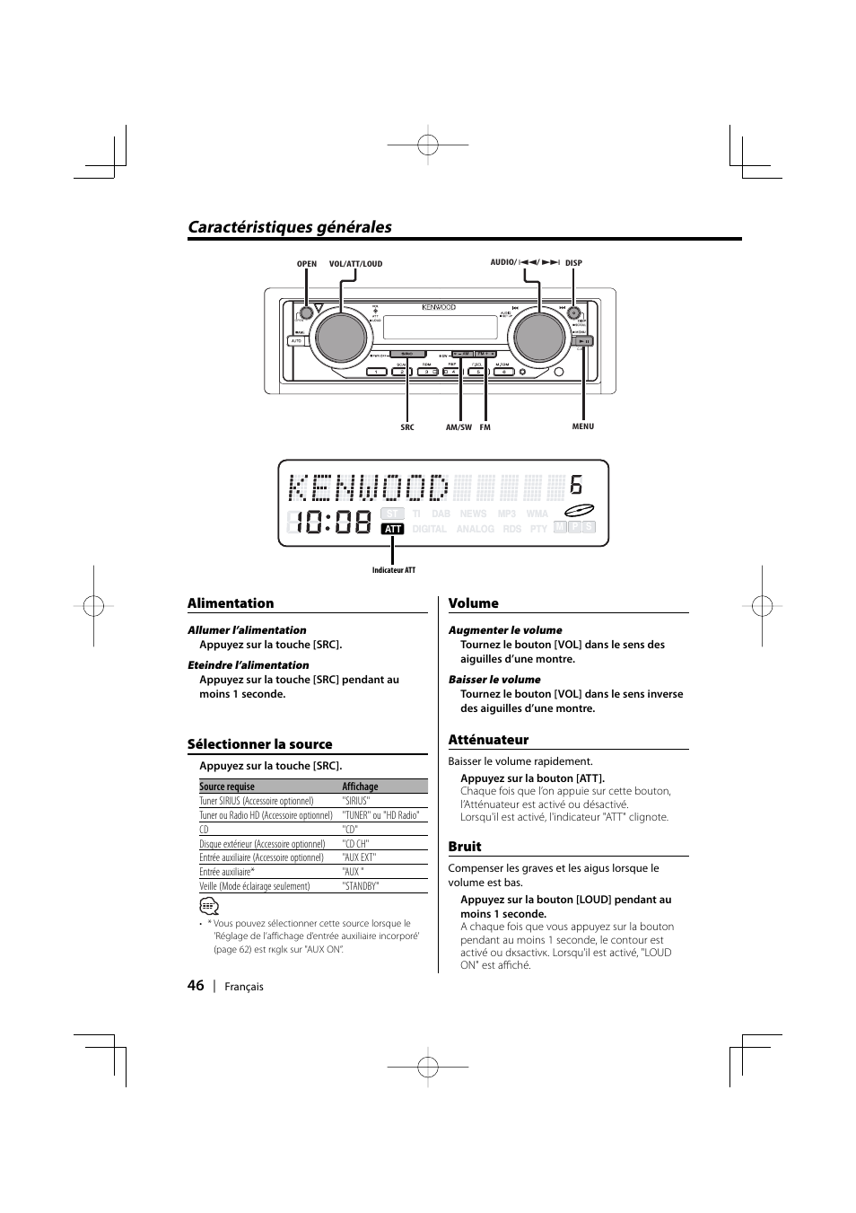Caractéristiques générales, Alimentation, Sélectionner la source | Volume, Atténuateur, Bruit | Kenwood EZ500 User Manual | Page 46 / 112