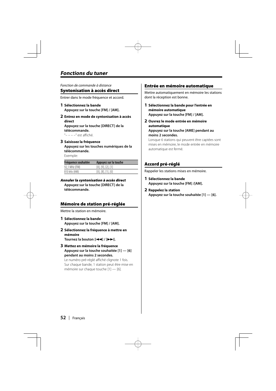 Fonctions du tuner | Kenwood EZ500 User Manual | Page 52 / 112