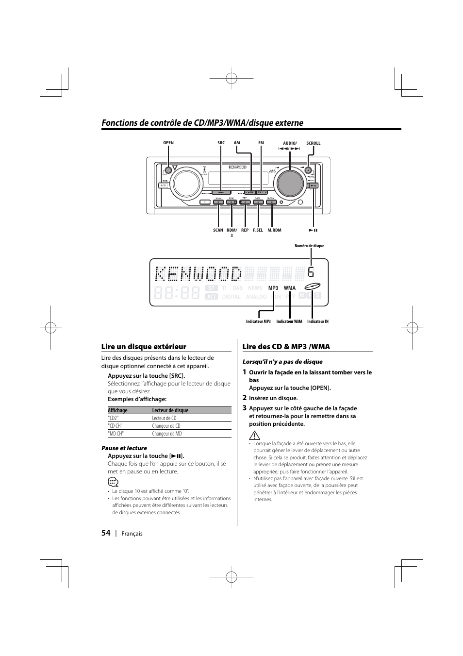 Fonctions de contrôle de cd/mp3/wma/disque externe, Lire des cd & mp3 /wma, Lire un disque extérieur | Kenwood EZ500 User Manual | Page 54 / 112
