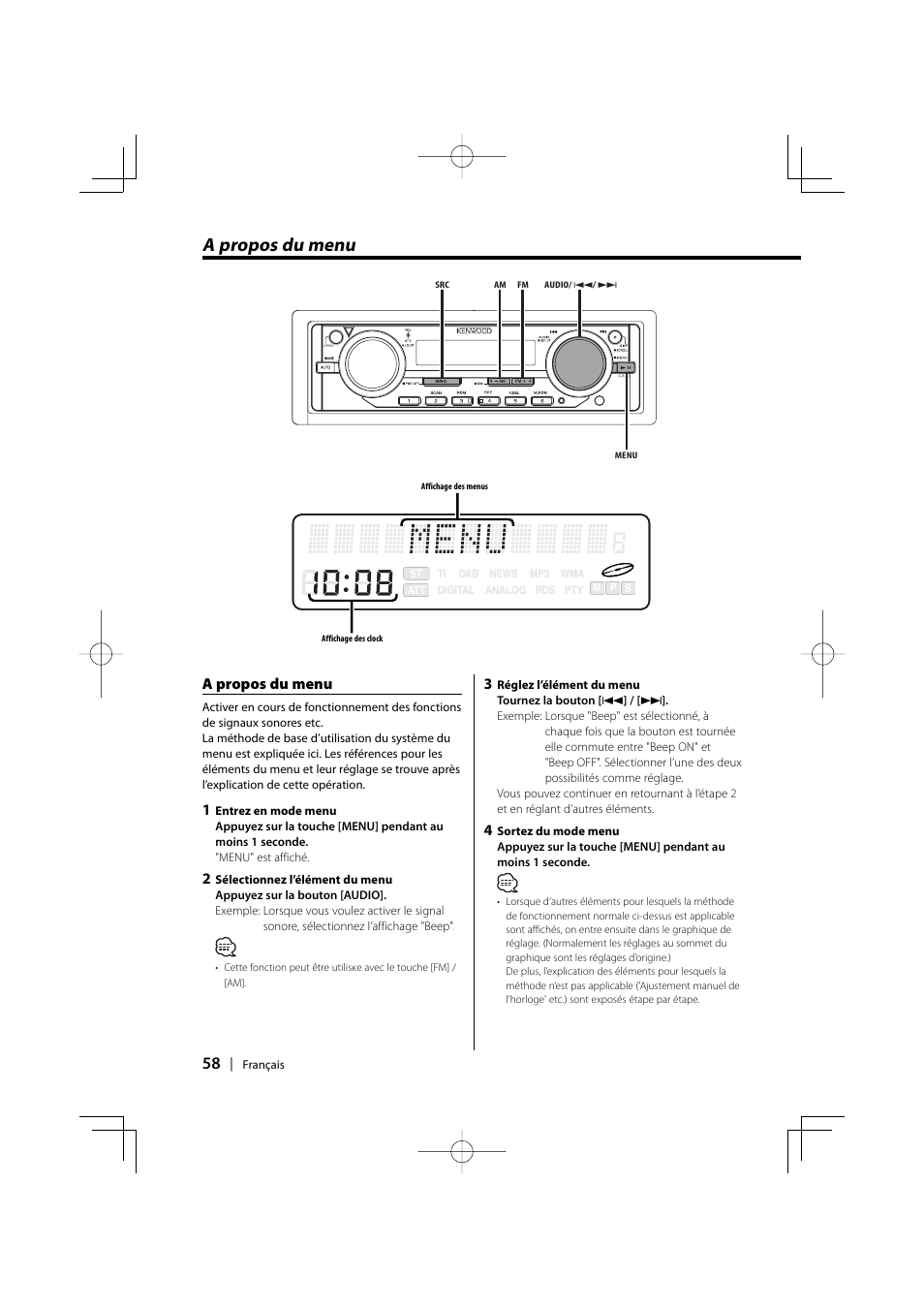 A propos du menu | Kenwood EZ500 User Manual | Page 58 / 112