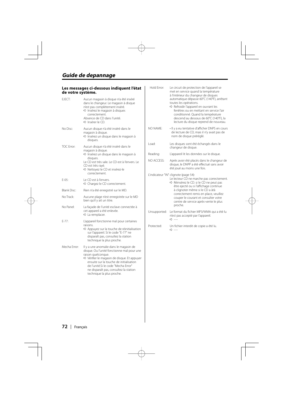 Guide de depannage | Kenwood EZ500 User Manual | Page 72 / 112