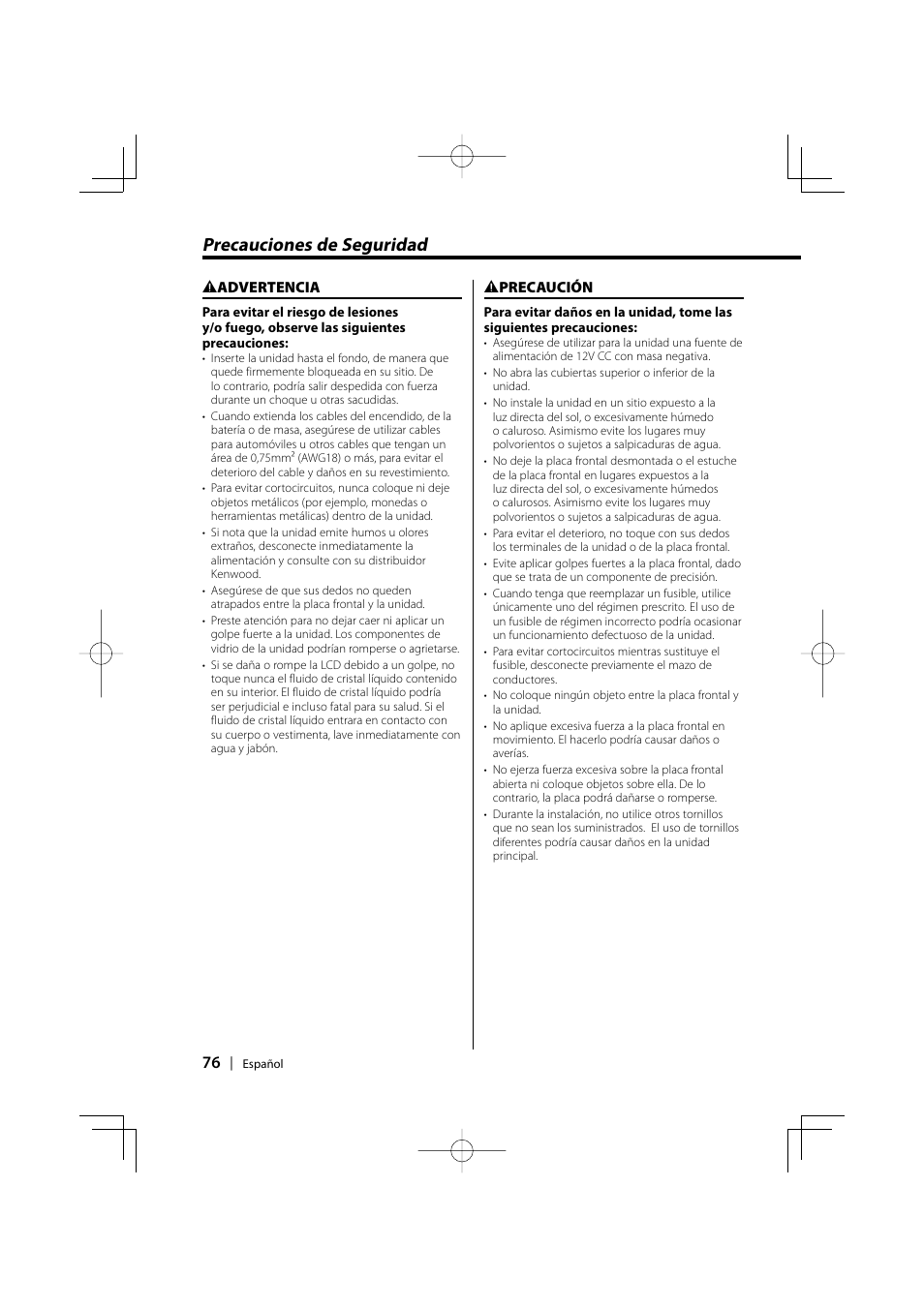 Precauciones de seguridad | Kenwood EZ500 User Manual | Page 76 / 112