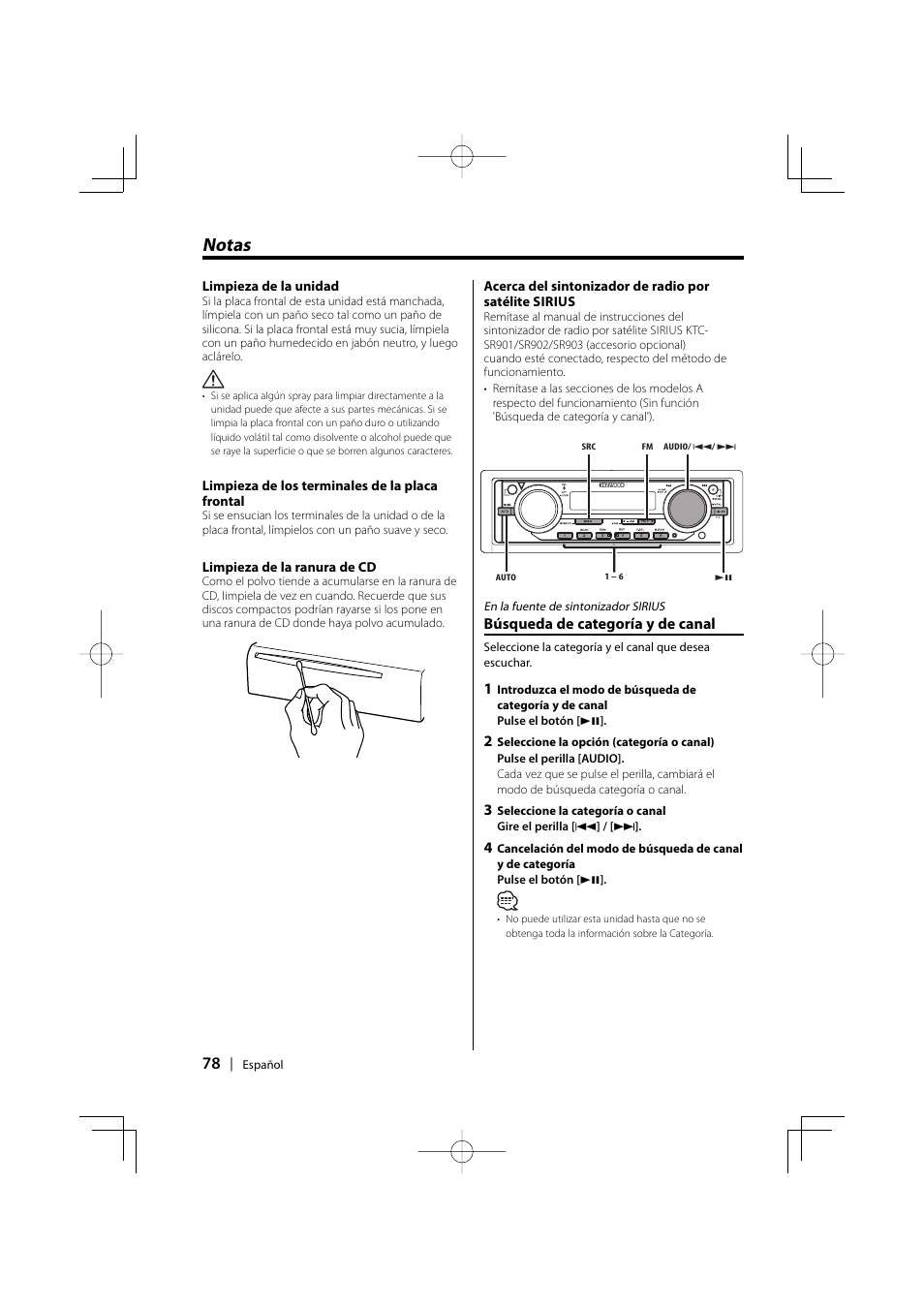 Notas, Búsqueda de categoría y de canal | Kenwood EZ500 User Manual | Page 78 / 112