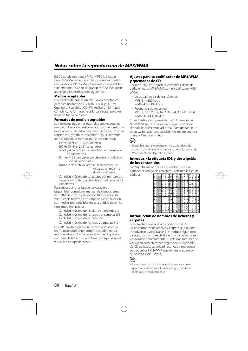 Notas sobre la reproducción de mp3/wma | Kenwood EZ500 User Manual | Page 80 / 112