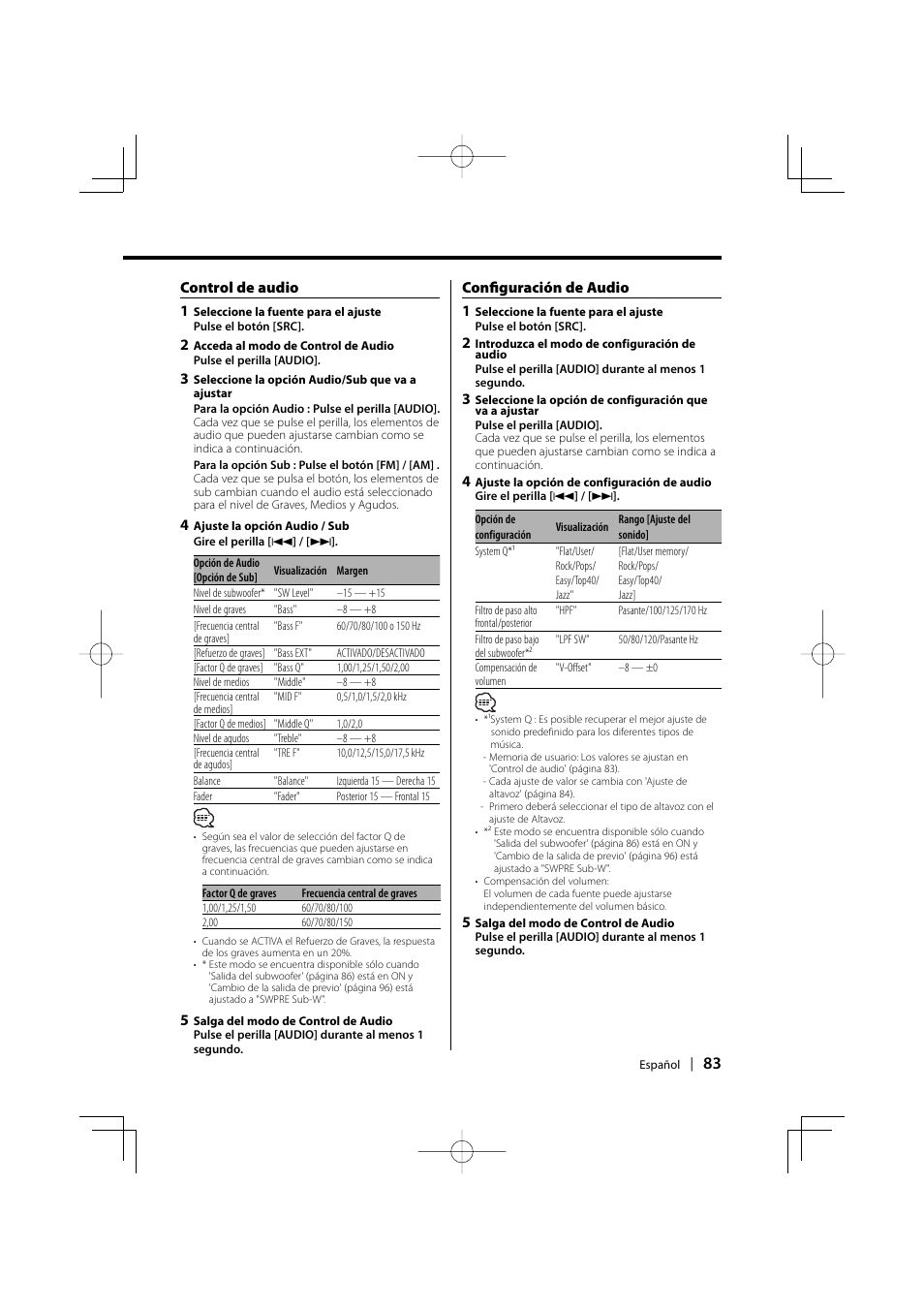 Confi guración de audio 1, Control de audio 1 | Kenwood EZ500 User Manual | Page 83 / 112