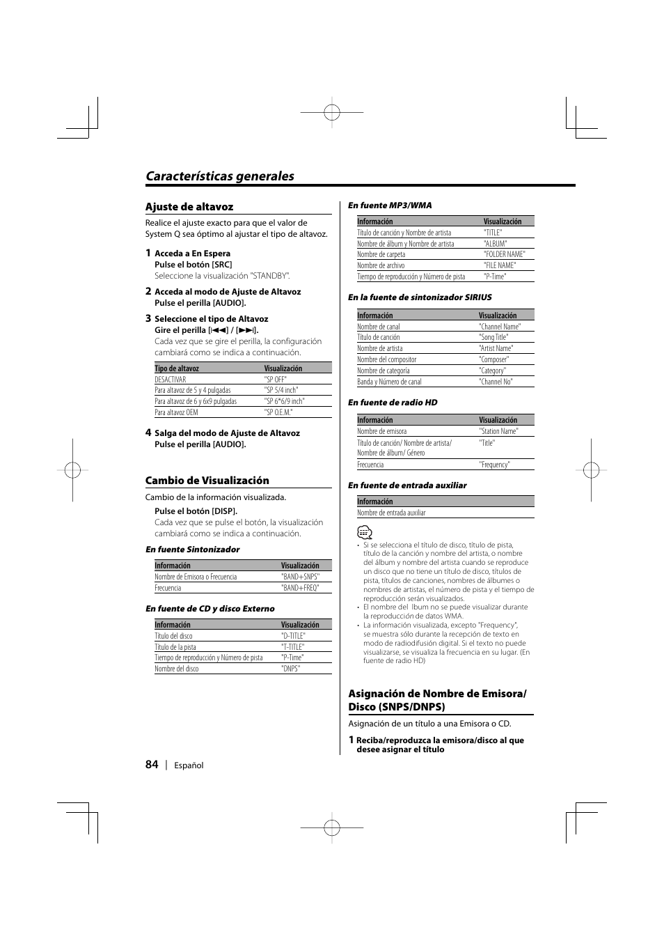 Características generales, Ajuste de altavoz, Cambio de visualización | Asignación de nombre de emisora/ disco (snps/dnps) | Kenwood EZ500 User Manual | Page 84 / 112