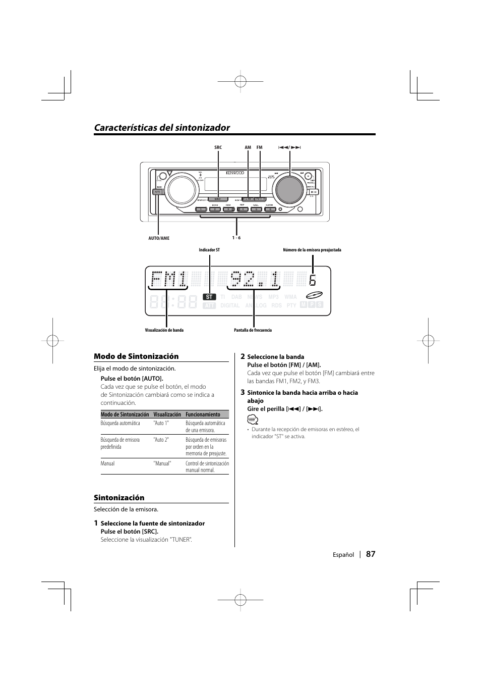 Características del sintonizador, Modo de sintonización, Sintonización | Kenwood EZ500 User Manual | Page 87 / 112