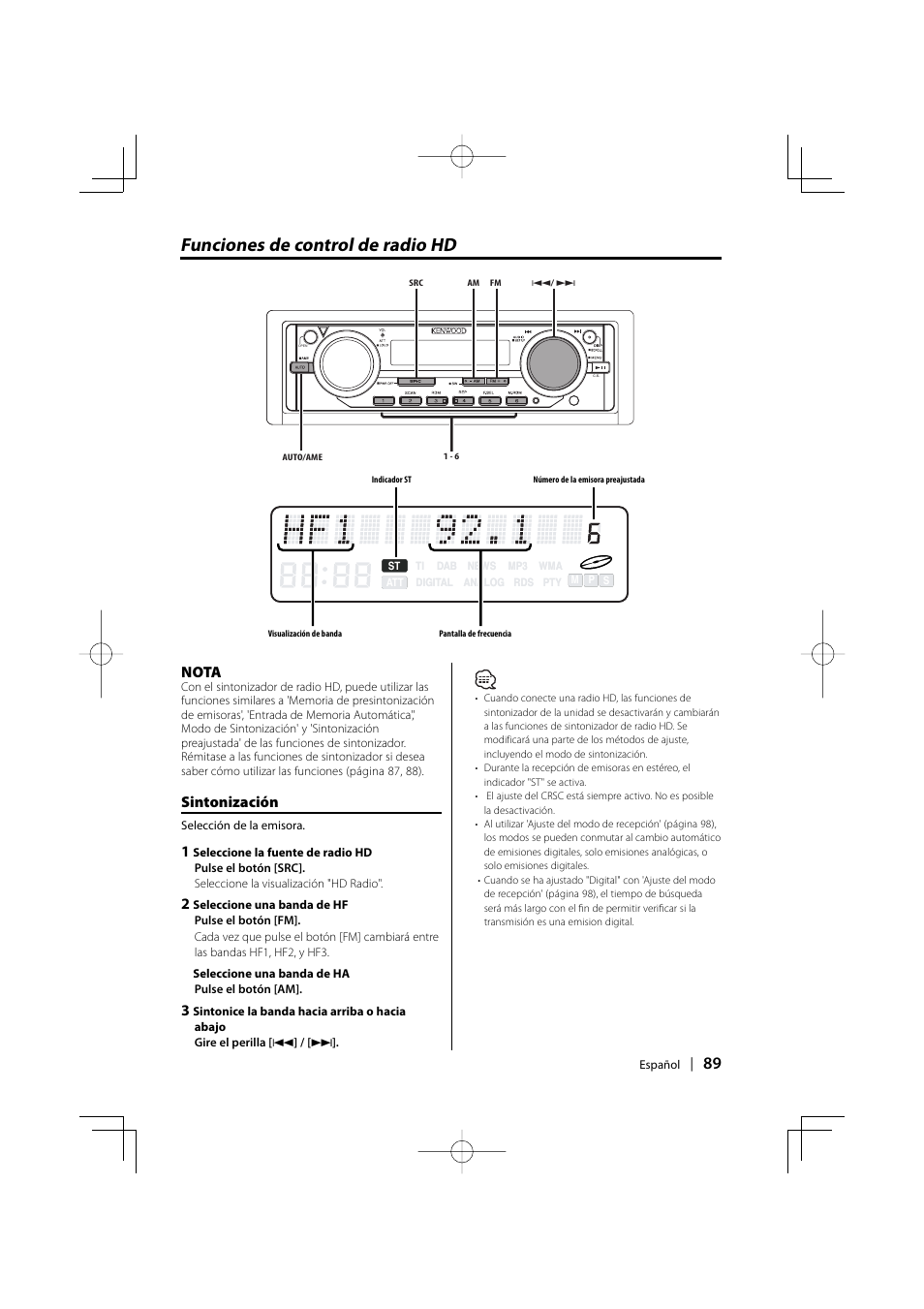 Funciones de control de radio hd, Nota, Sintonización | Kenwood EZ500 User Manual | Page 89 / 112