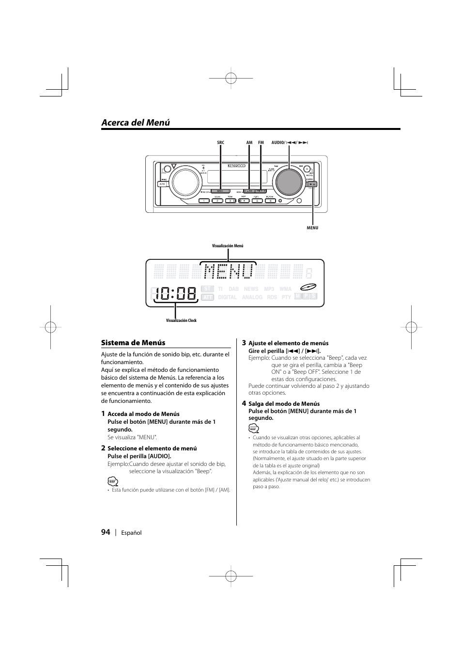 Acerca del menú, Sistema de menús | Kenwood EZ500 User Manual | Page 94 / 112