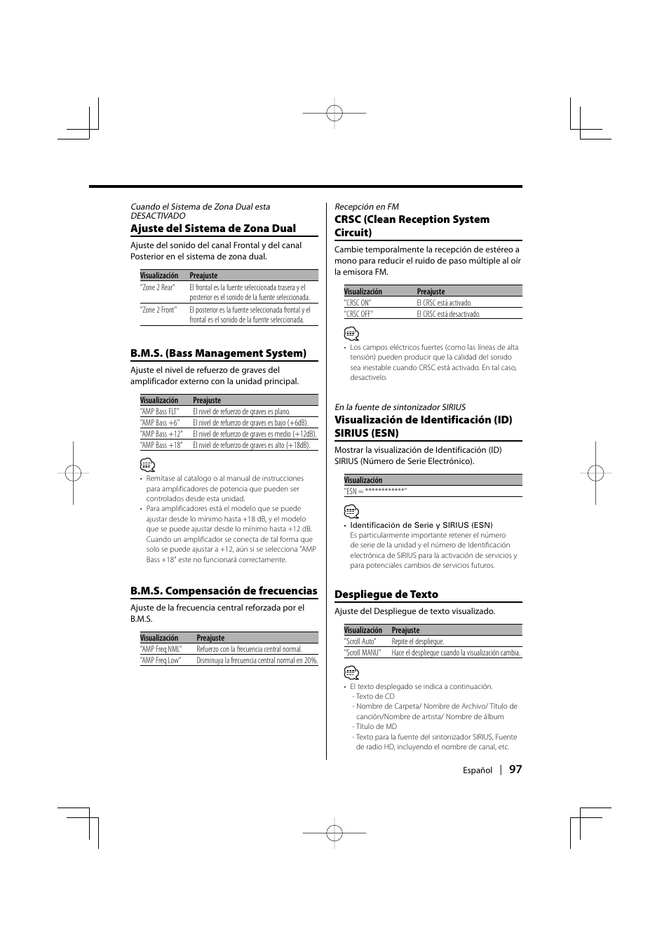 Ajuste del sistema de zona dual, B.m.s. (bass management system), B.m.s. compensación de frecuencias | Crsc (clean reception system circuit), Visualización de identificación (id) sirius (esn), Despliegue de texto | Kenwood EZ500 User Manual | Page 97 / 112