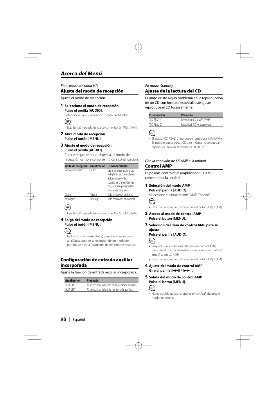 Acerca del menú | Kenwood EZ500 User Manual | Page 98 / 112