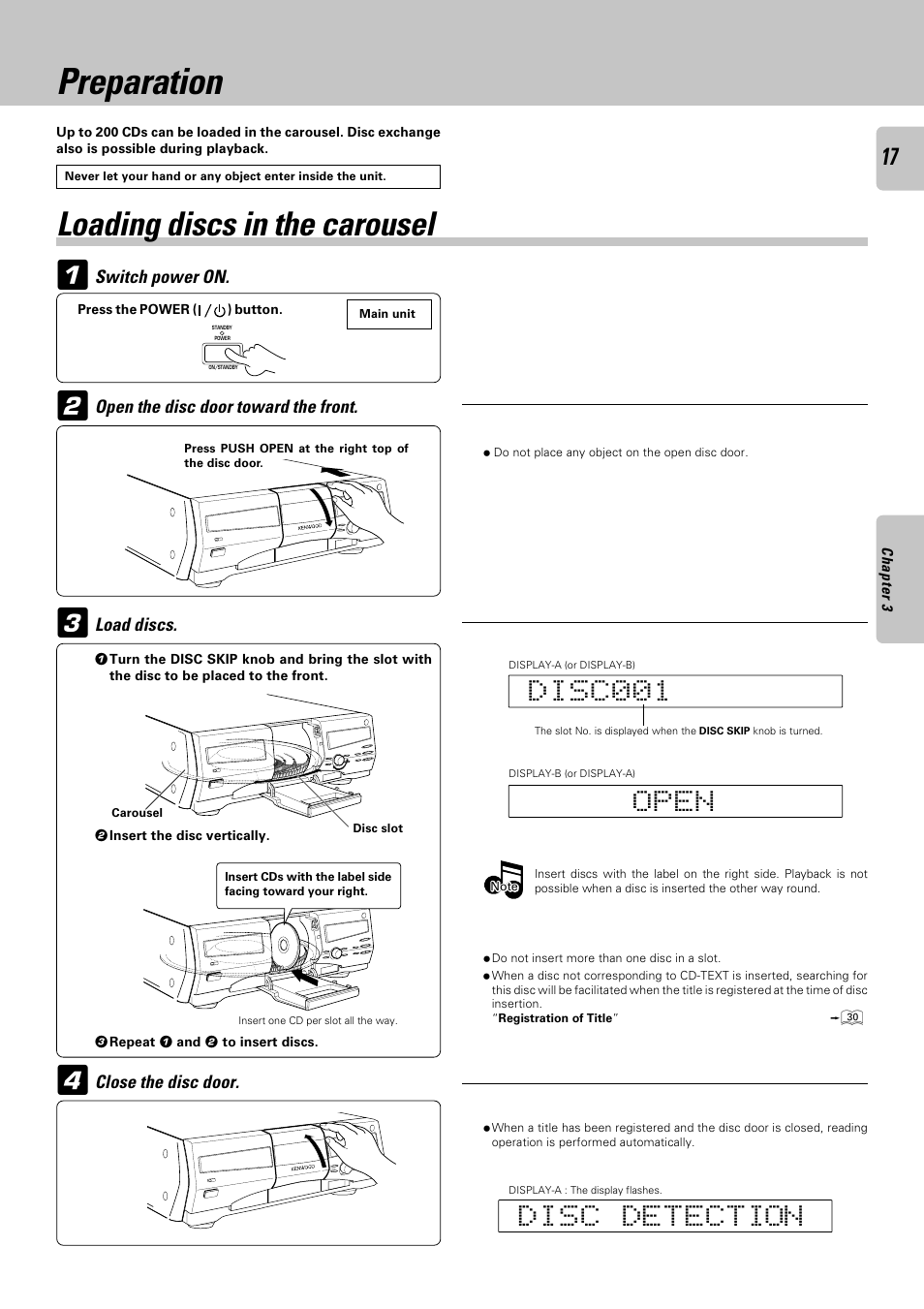 Preparation, Loading discs in the carousel | Kenwood CD-4900M User Manual | Page 17 / 44