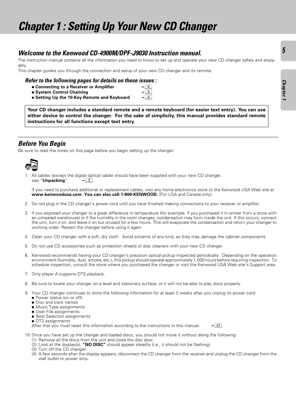 Chapter 1 : setting up your new cd changer, Before you begin | Kenwood CD-4900M User Manual | Page 5 / 44