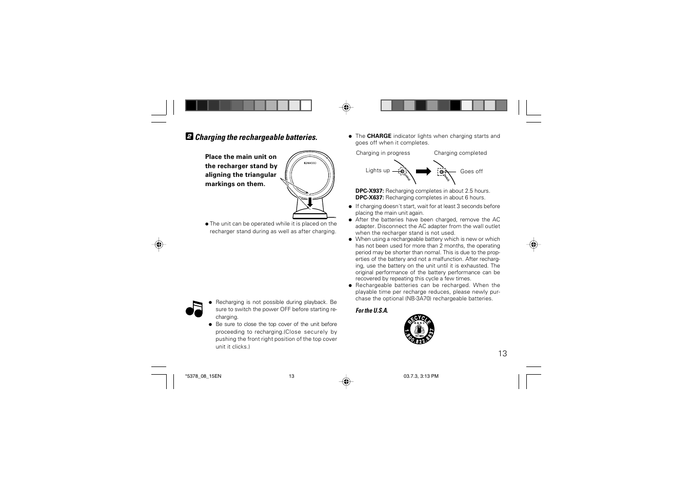Charging the rechargeable batteries | Kenwood DPC-X937 User Manual | Page 13 / 44